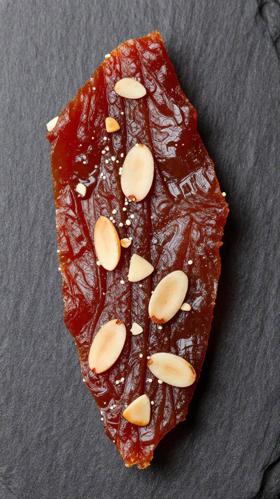 Turkey jerky with almond slices, slate background