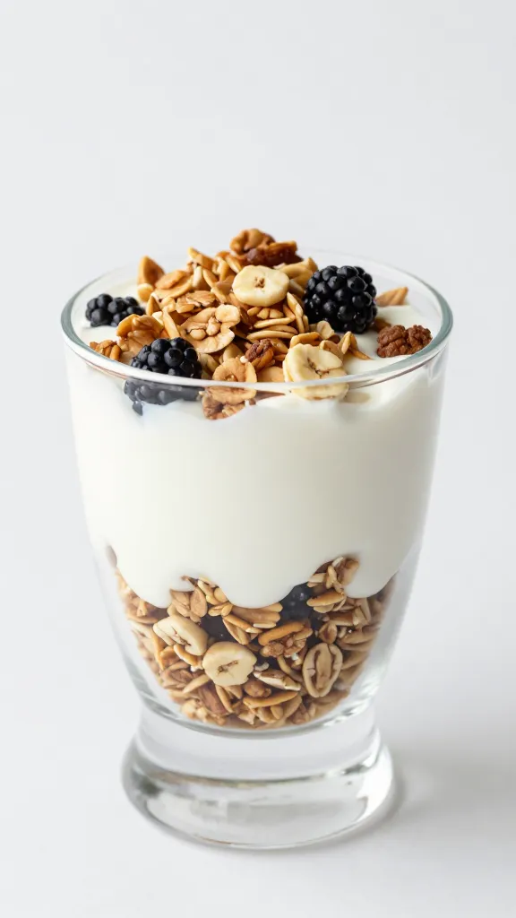 Greek yogurt parfait with granola in clear cup