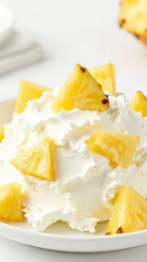 Cottage cheese scoop with pineapple chunks, bright lighting
