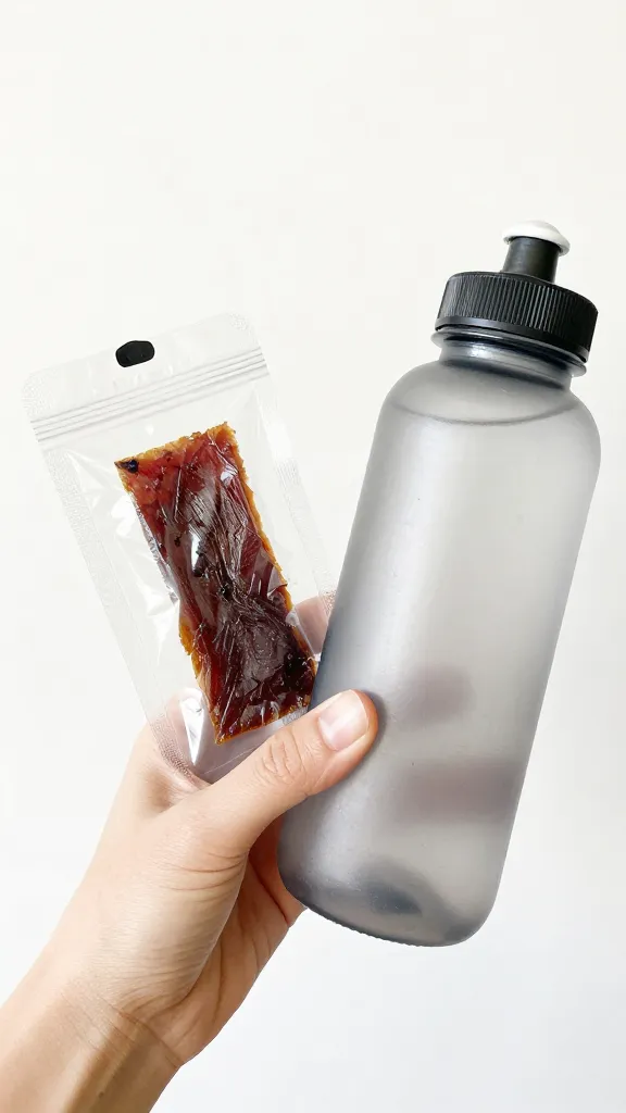 One-handed snack setup: jerky pouch and water bottle