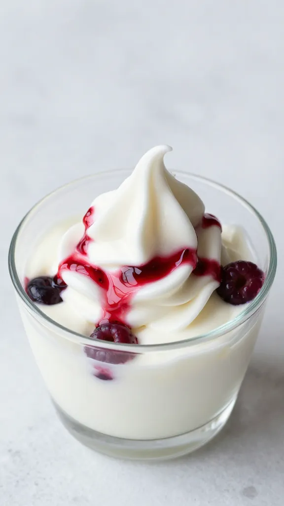 Protein-rich yogurt swirl with berry drizzle, macro shot