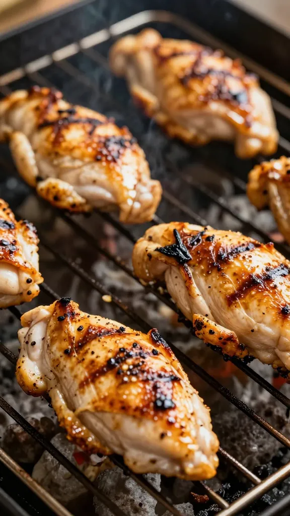Grilled chicken tenderloins on a grill rack, sizzling