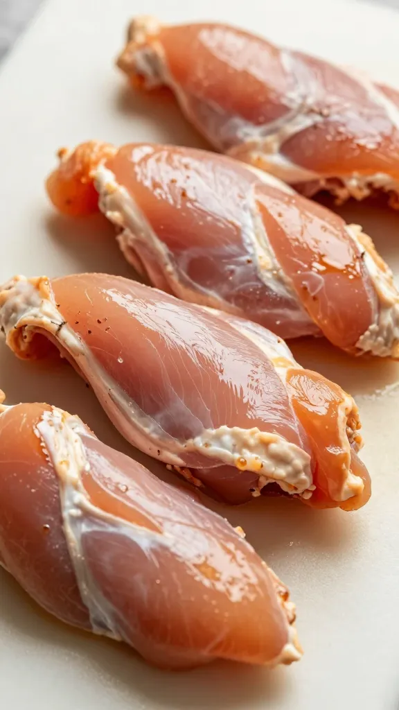 Close-up of marinated chicken tenderloins on cutting board