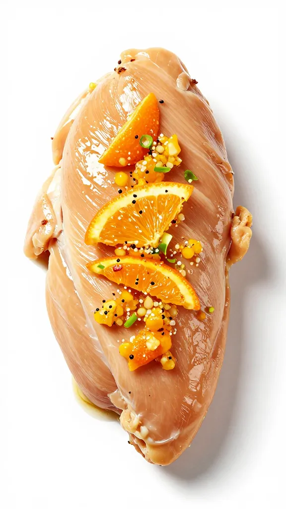 Evenly pounded chicken tenderloins with citrus rub, studio light