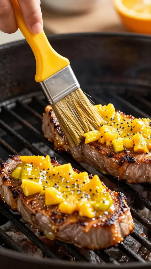 Brush applying bright citrus marinade to tenderloins on grill grate
