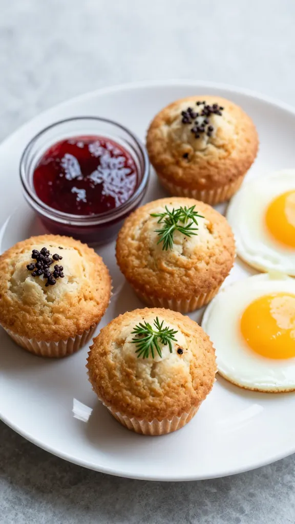 Breakfast plate: muffins, jam, herbs, eggs