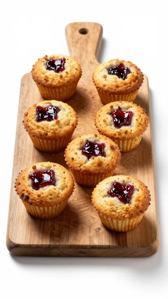 Studio shot: rustic cutting board, jammed muffins ready to eat