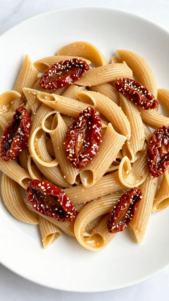 Whole wheat pasta with sun-dried tomatoes on white plate