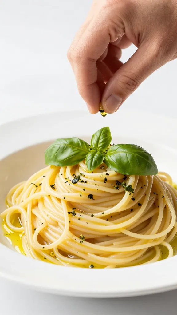 Basil leaves garnish over olive oil saucing pasta