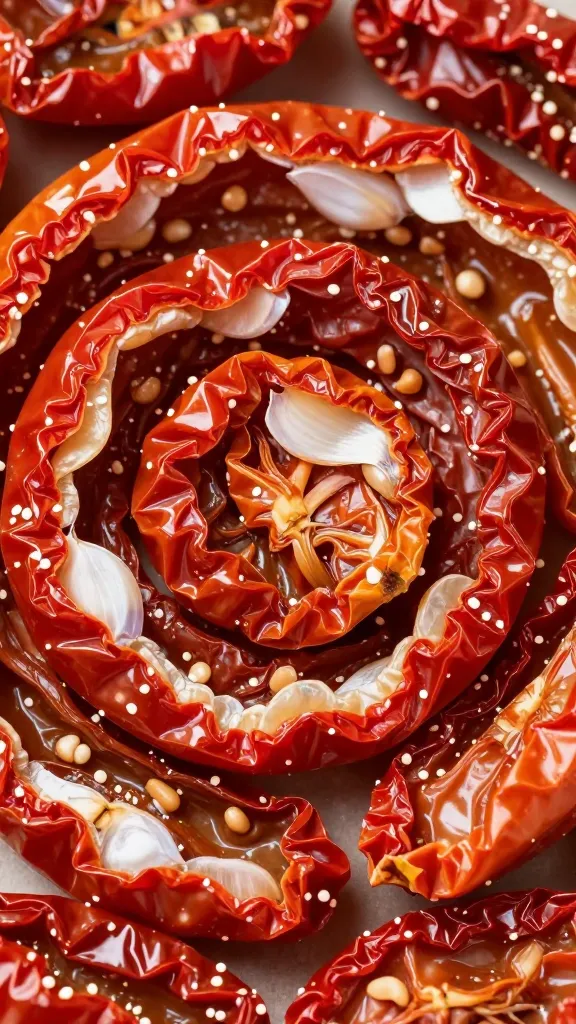 Close-up of sun-dried tomatoes and garlic swirl