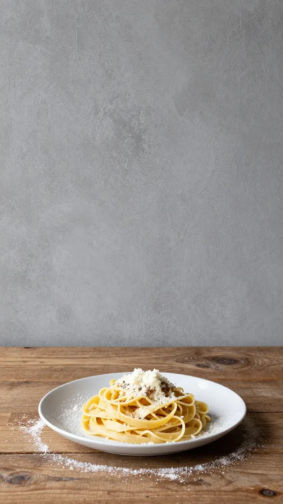 Rustic wooden table with plated pasta and parmesan dusted textural backdrop