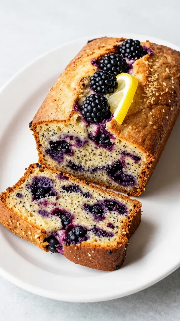 Blackberry lemon poppy seed loaf on white plate