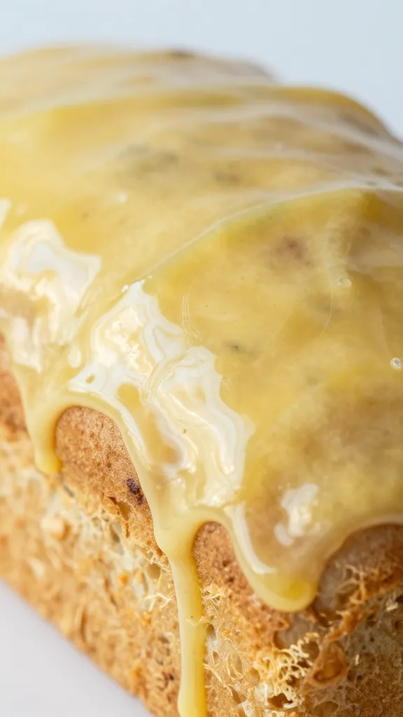 Close-up glossy lemon glaze dripping over loaf