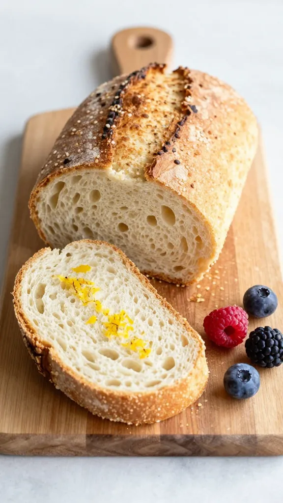 Brunch setting: loaf, lemon zest, and berries on wooden board