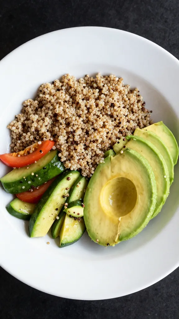 Quinoa, veggies, avocado bowl on white plate