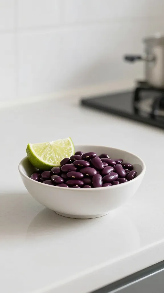 Kitchen counter shot: bowl with lime wedge and beans