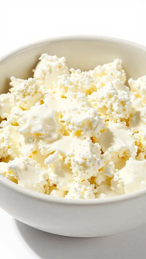 Cottage cheese pizza bowl in bowl, close-up, bright studio lighting