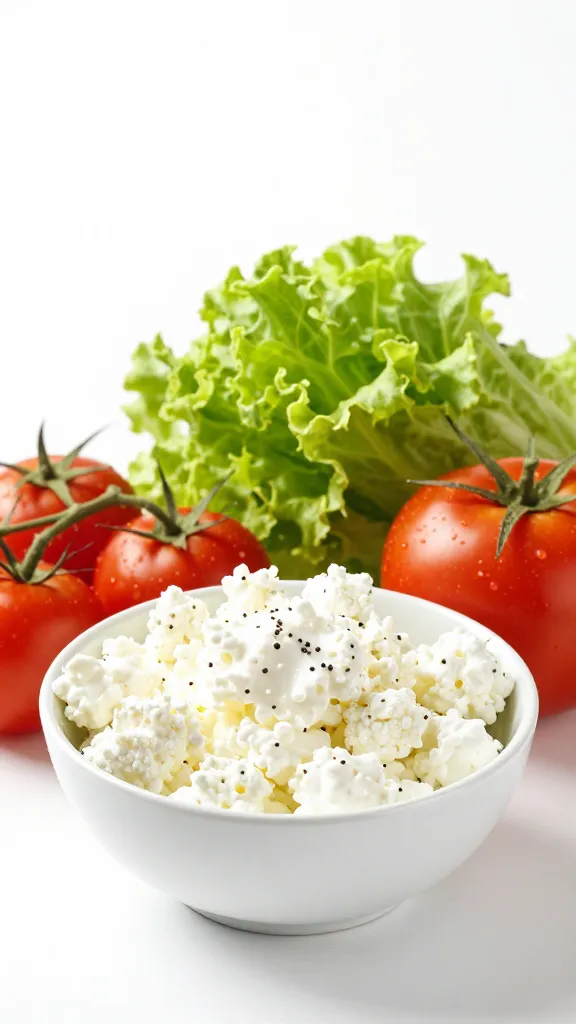 Fresh veggies beside cottage cheese bowl, clean white background