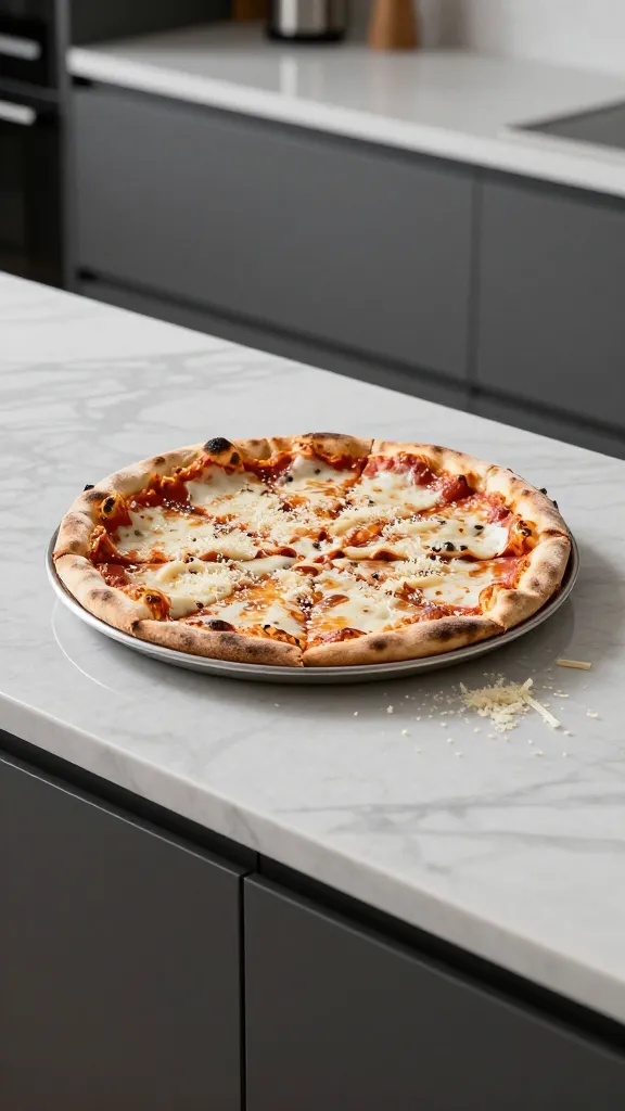Sleek kitchen counter, bowl of pizza bowl, parmesan sprinkle