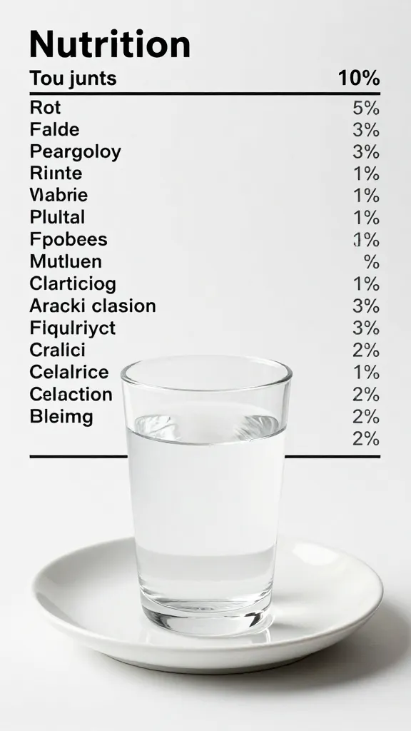 Glass of water, plated dish, minimalistic nutrition label backdrop