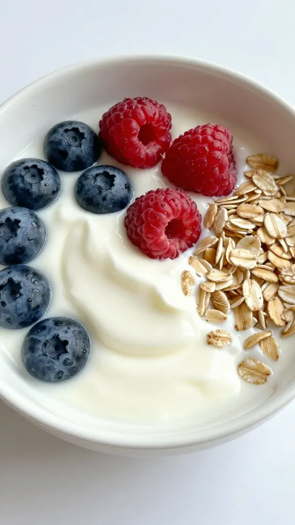 Plain Greek yogurt bowl with berries and oats