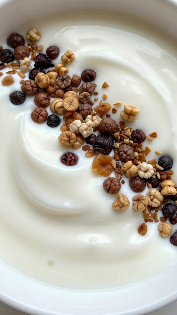 High-protein yogurt bowl close-up, fiber toppings