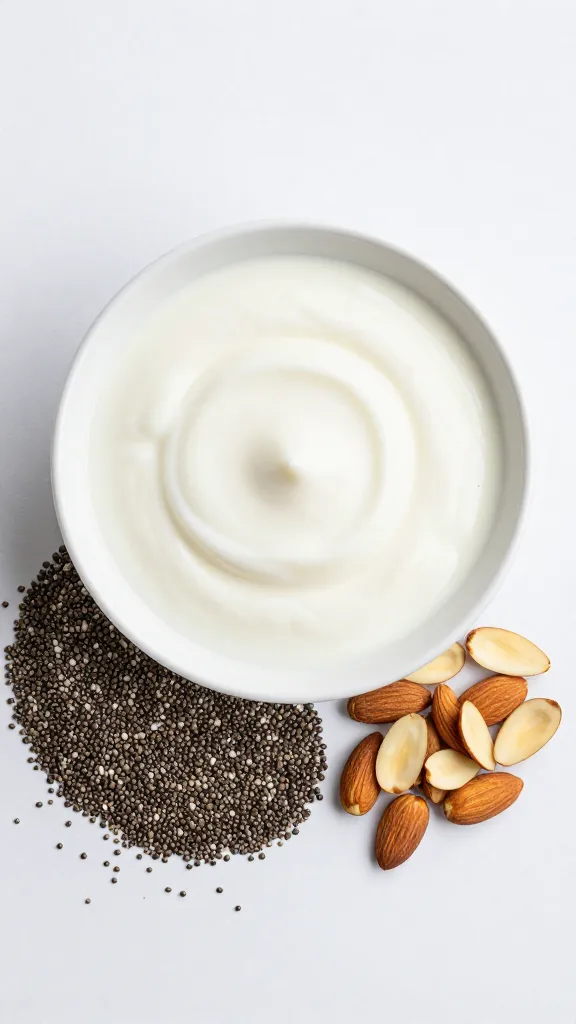 Flat lay of yogurt bowl, chia seeds, and almond slices