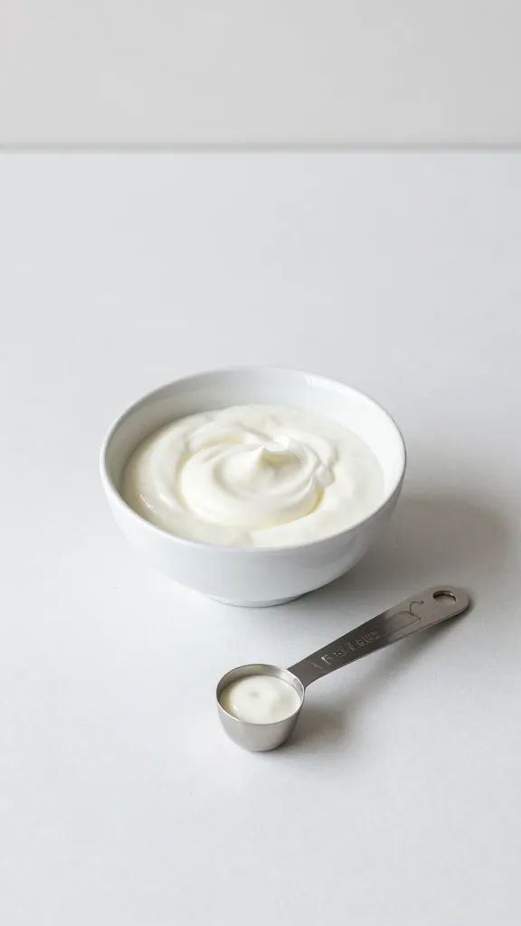Minimalist kitchen scene featuring yogurt bowl and measuring spoons