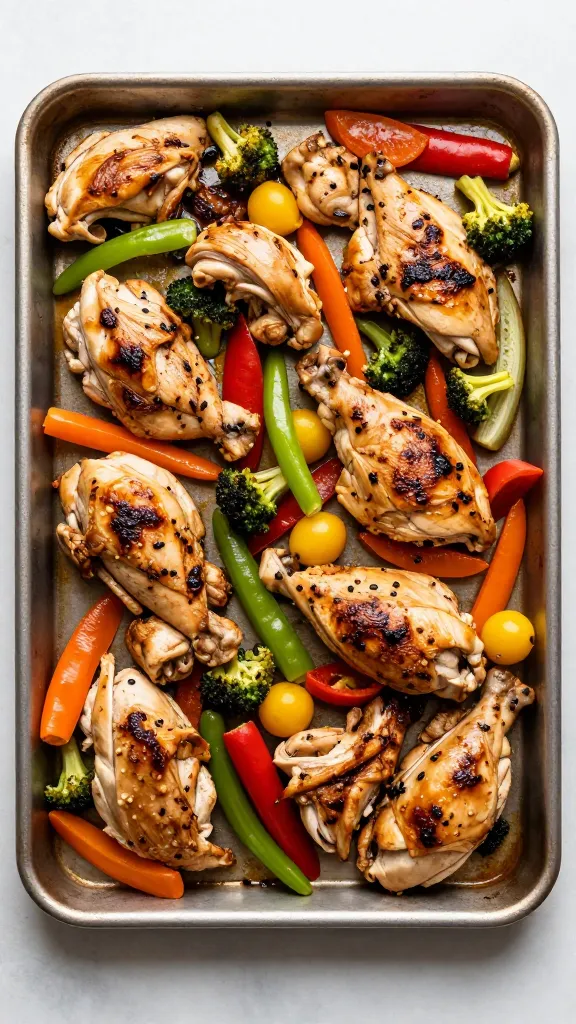 One-pan chicken and colorful vegetables on sheet pan