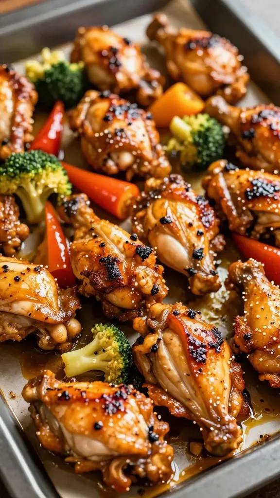 Close-up of sizzling chicken with veggies on sheet tray