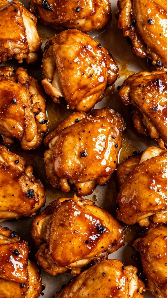 High-contrast shot of baked chicken chunks with glaze