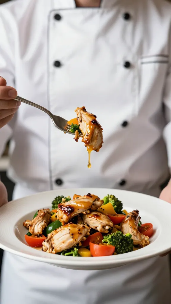 Chef’s presentation: forkful of chicken and veggies on plate