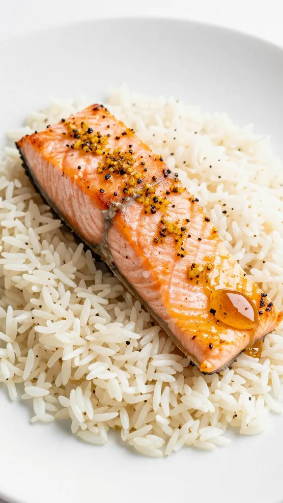 Jasmine rice bed with honey-garlic salmon