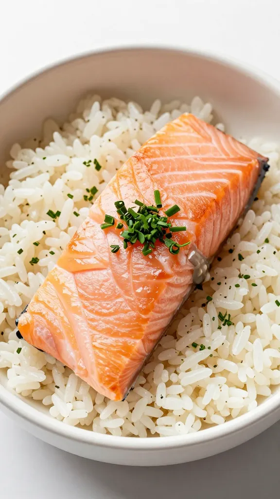Green garnish accents over salmon rice bowl