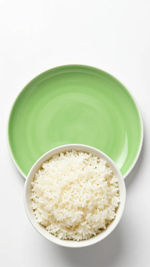 White plate, vibrant greens and rice bowl composition