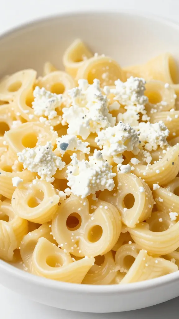 Cottage cheese alfredo pasta close-up in white bowl