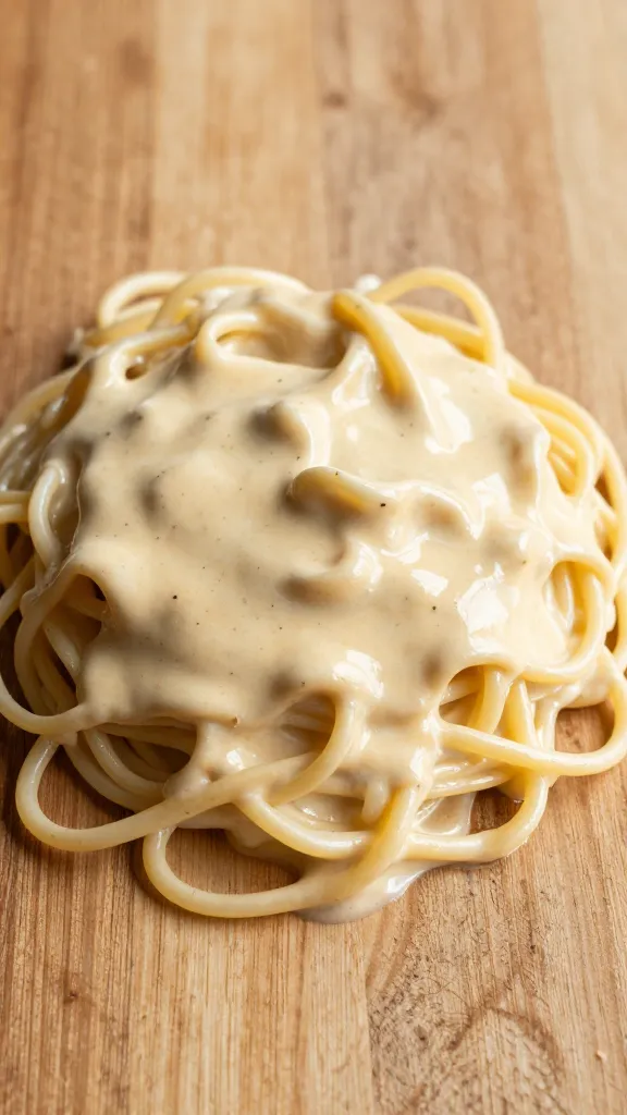 Velvety sauce coating pasta on wooden table