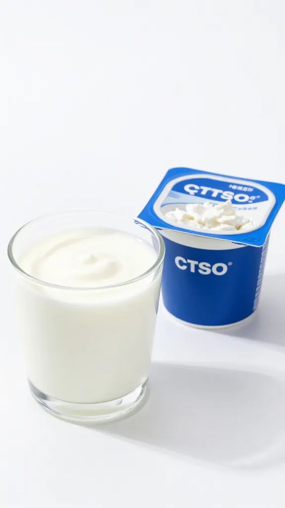 Glass of yogurt beside cottage cheese carton