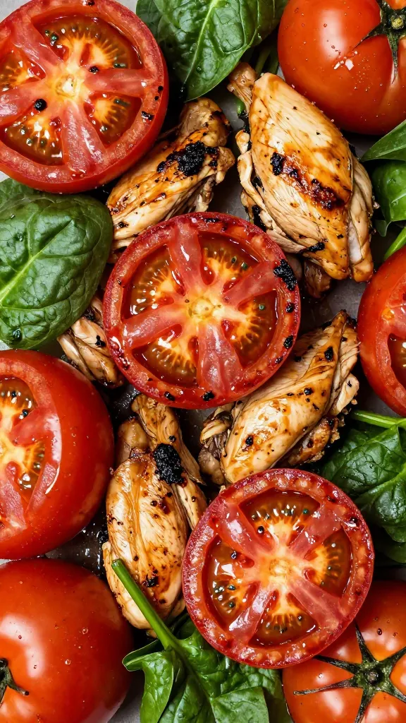 Close-up of sun-kissed tomatoes and spinach with chicken