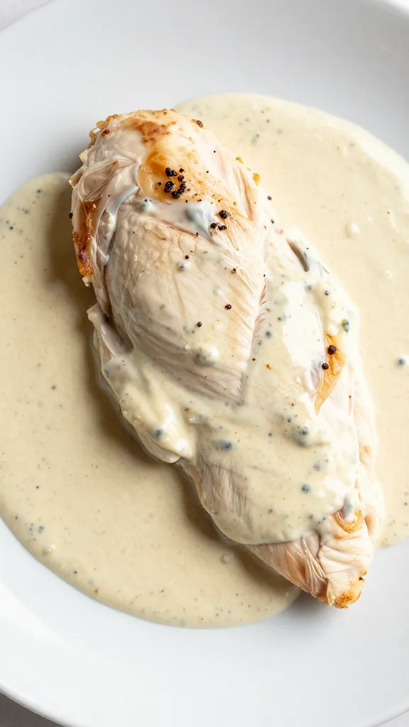 Lean chicken breast on plate with creamy Tuscan sauce