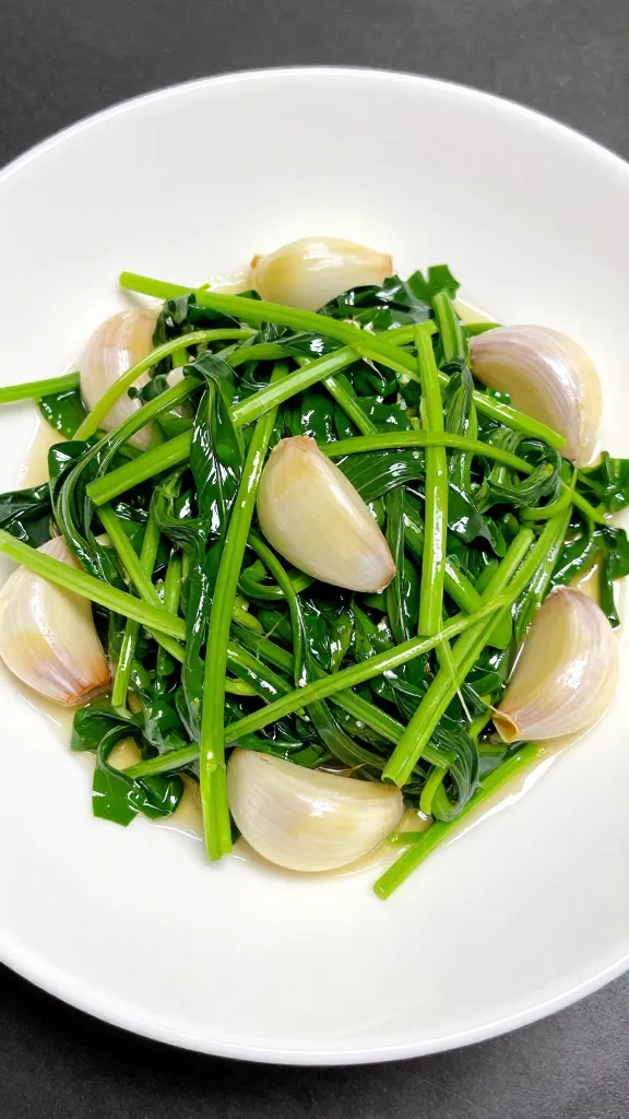 White plate, vibrant garlic and greens, glossy skillet