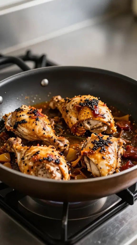 Professional kitchen shot: pan of high-protein Tuscan chicken