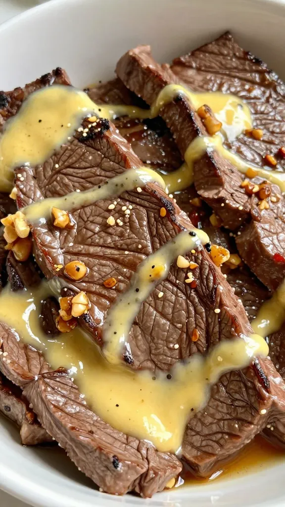 Sizzling garlic butter steak bowls close-up, glossy sauce
