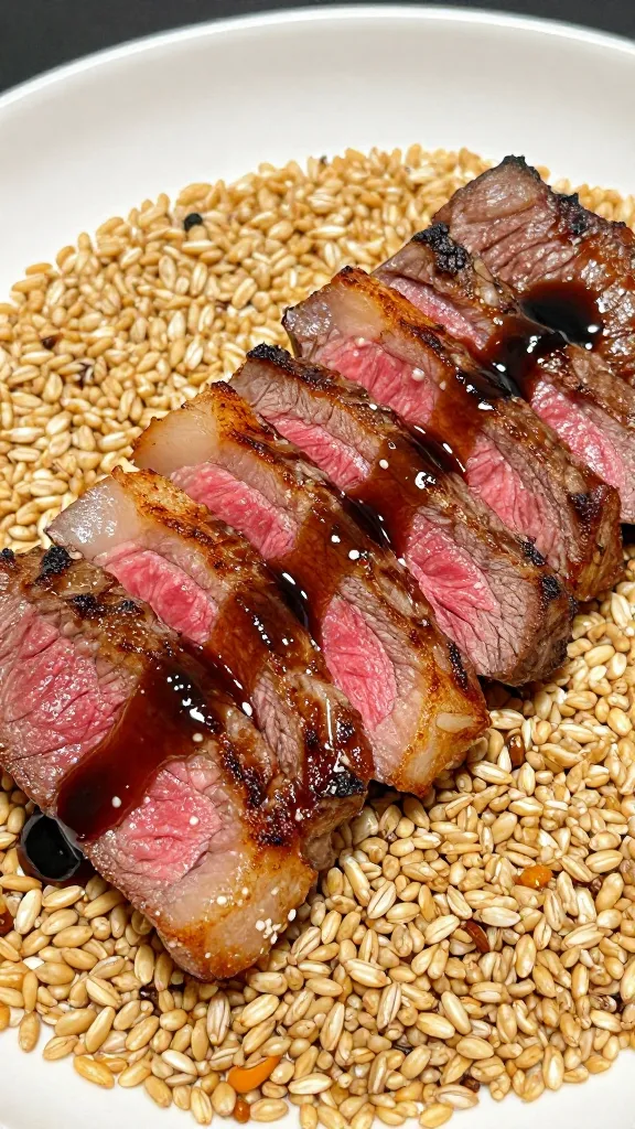 Pan-seared steak slices on grain bed, drizzle sauce