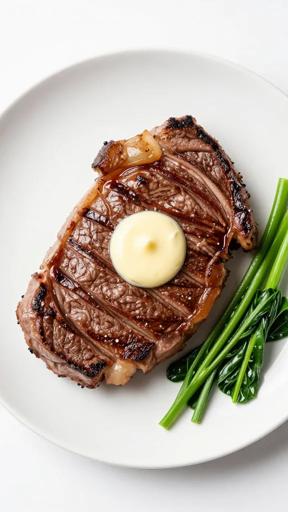 Plate with sirloin steak, garlic butter, greens, white background