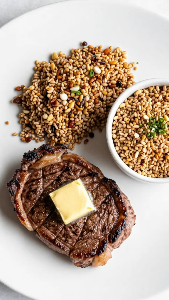 High-angle shot of steak, butter, and grain bowl trio