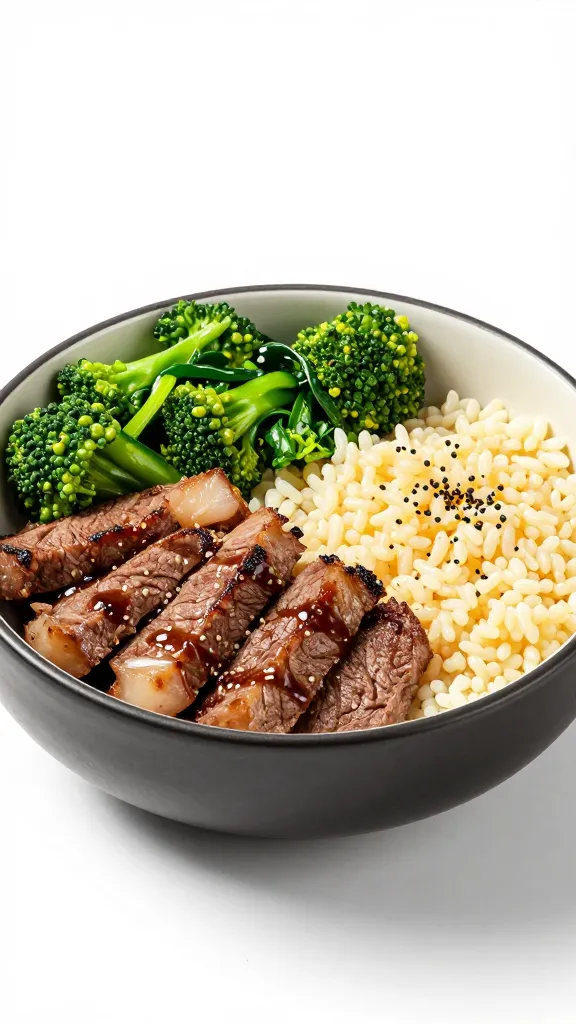 Studio shot: steak bowl with vibrant greens and starch contrast