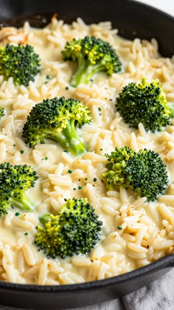 Creamy broccoli rice casserole in skillet, close-up