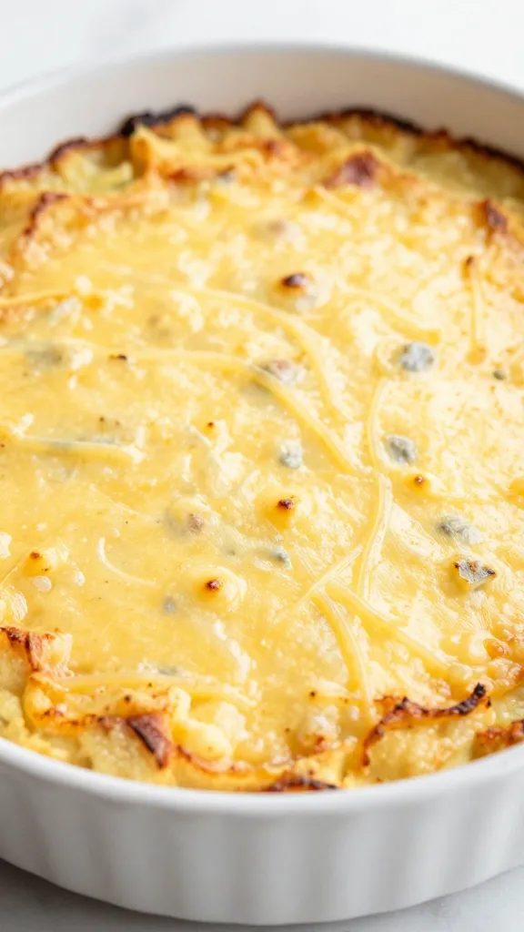 Finished casserole in white bake dish, melted cheese sheen