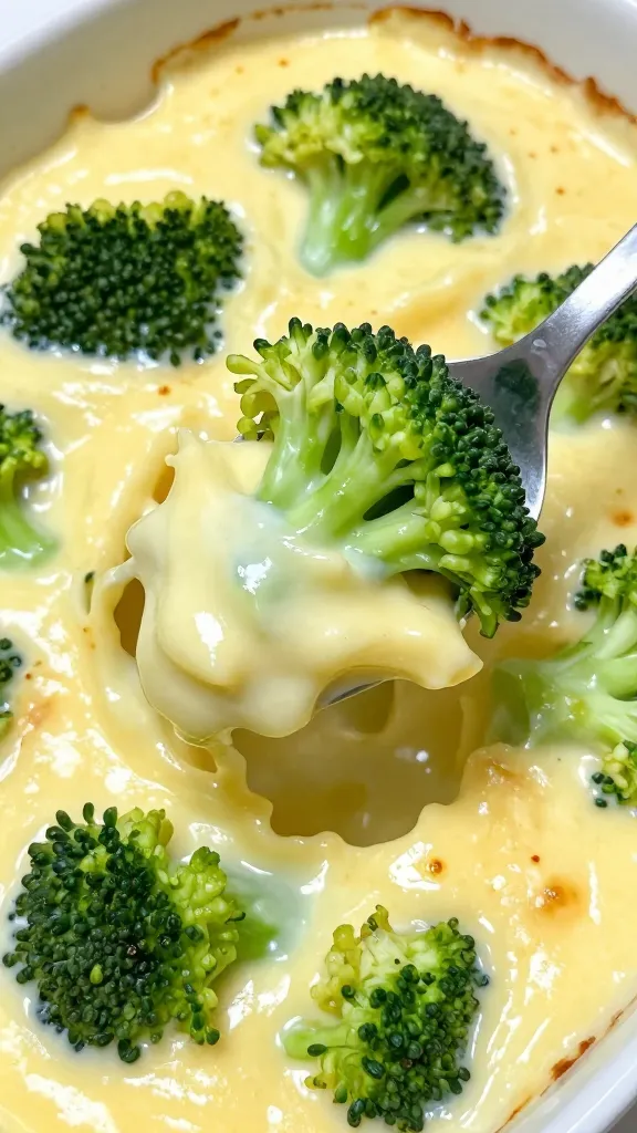 Spoon dipping into creamy casserole, broccoli florets visible
